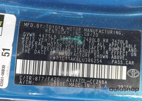 2020 Toyota Camry Le z USA, uszkodzony, nr VIN 4T1C11AK6LU386254